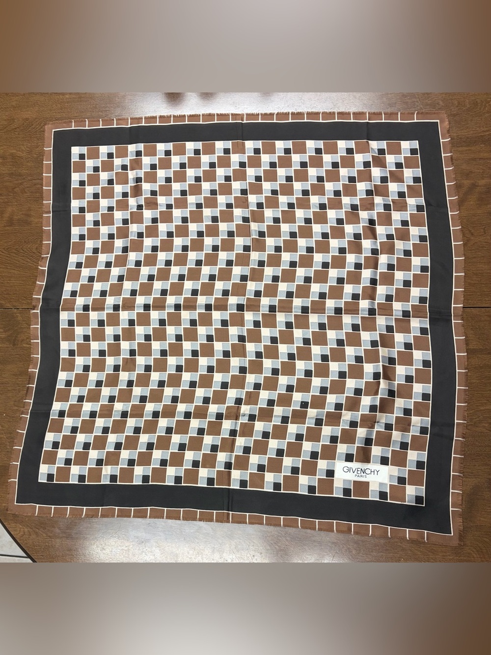 Vintage Givenchy Brown Black Cream Geometric Print Silk Scarf